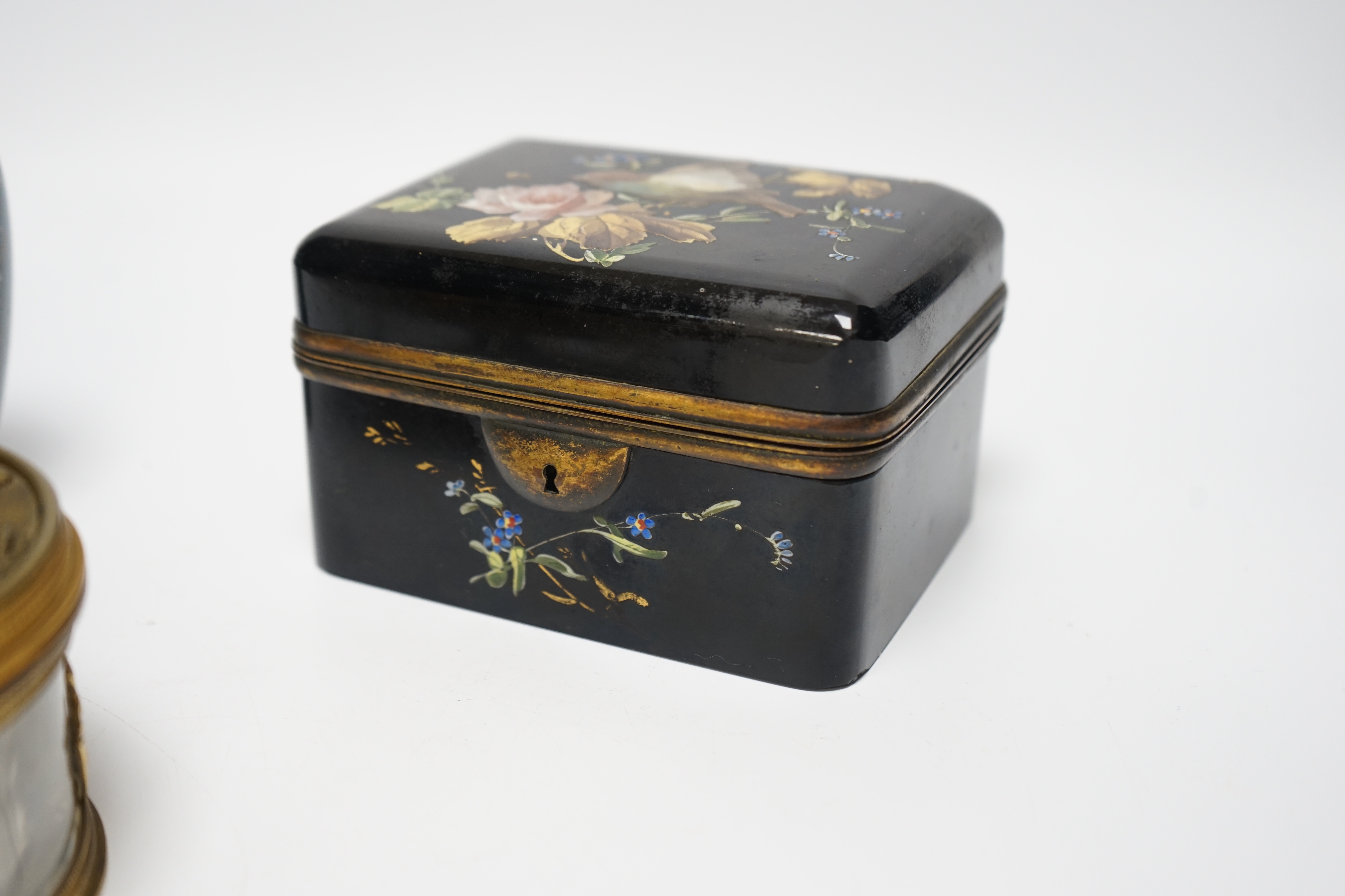 A Palais Royale circular gilt metal cut glass box with an inset portrait miniature of Napoleon on ivorine, 12cm diameter, a Bohemian enamelled glass box attributed to Moser, 12.5cm wide, a Japanese cloisonné enamel vase